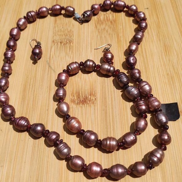 Honora dark red freshwater Pearl Garnet necklace earrings bracelet 925 Sterling